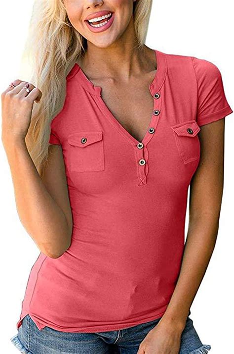 T Shirt Damen Sexy Oberteil Tiefer V Ausschnitt Bluse Kurzarm Shirts Sommer Tasten Tops Amazon