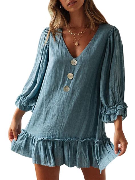 Boho Dress For Women Cotton Linen Shirt Dresses Long Sleeve Ruffle Frilly Ladies Summer Beach