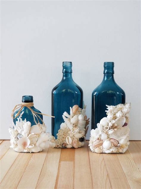 Blue Bottle Covered With Seashells And Coral Barnacles Coastal Art