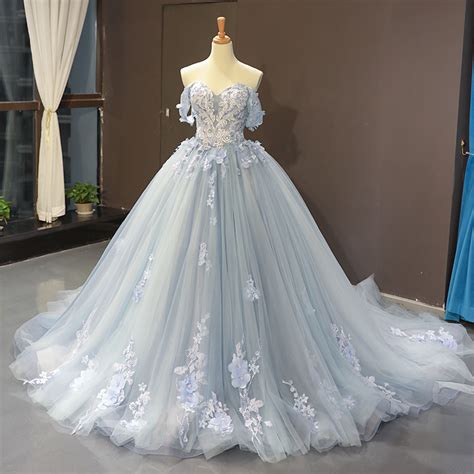 Glamorous Ball Gown Off The Shoulder Light Blue Long Promevening Dress