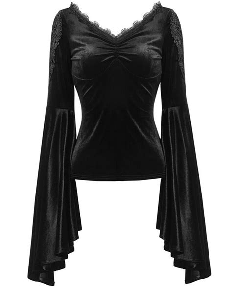 Dark In Love Womens Gothic Top Black Velvet Lace Long Sleeve Flared Cuff Vampire Darkinlove