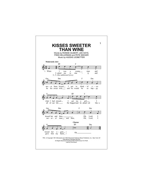 Kisses Sweeter Than Wine Sheet Music Jimmie Rodgers Lead Sheet