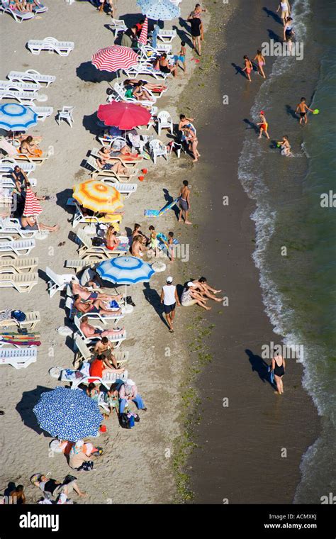 People Enjoying The Beach And Swimming In The Sea Aerial Buyukcekmece