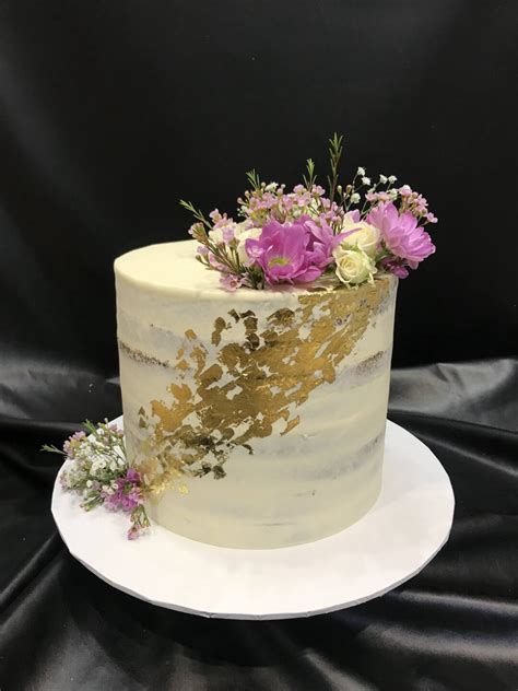 New Semi Naked Cake With Gold Leaf And Fresh Flowers Hot Sex Picture