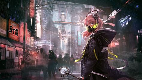 Download 1920x1080 Futuristic Anime City Anime Girl Hoodie Riot Rebel Gas Mask Wallpapers