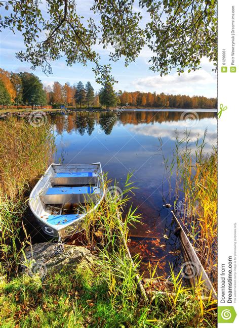 Vertical Autumn Landscape With Aluminium Boat Stock Image Image Of