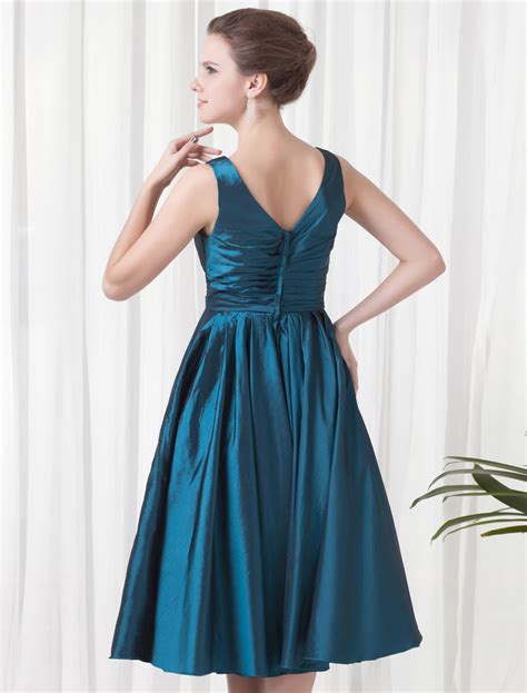 Short Bridesmaid Dress Ink Blue V Neck Sleeveless Taffeta Waist Flower