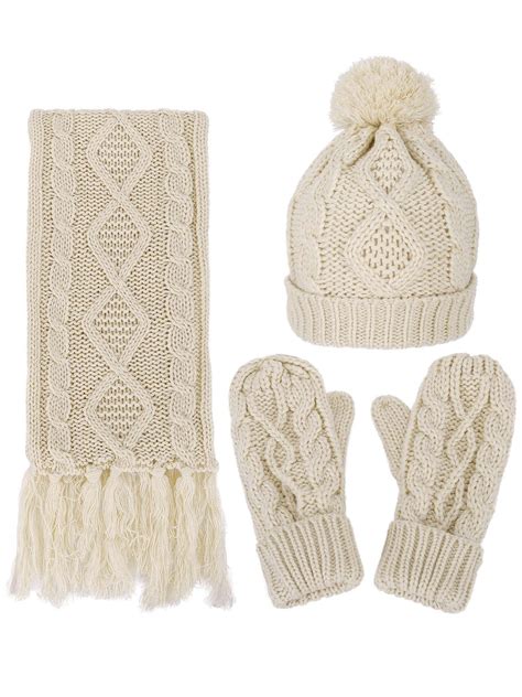 3 In 1 Warm Thick Cable Knitted Hat Scarf And Gloves Winter Set Beige