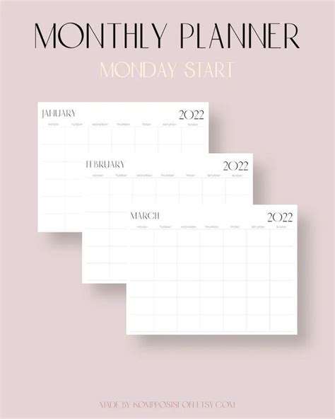 2022 Undated Monthly Calendar Printable Pack Monthly Organizer