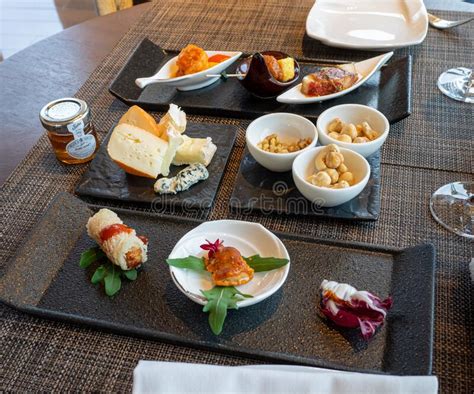 Top View Of Food Plates On A Restaurant Table With Small Portion Dinner