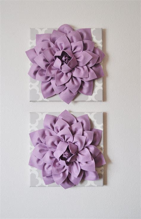 Two Large Flower Wall Hangings Lilac Dahlias On Neutral Gray Tarika C