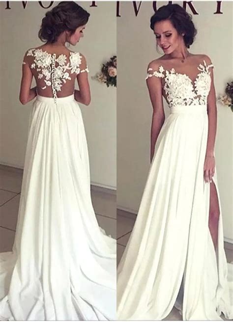 Romantic Summer Boho Lace Beach Wedding Dresses 2017 Sheer Neck Chiffon Wedding Gowns Side Slit