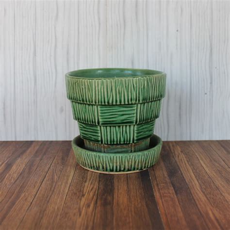 Vintage Mccoy Planter Small Flower Pots Green Faux Wood Basketweave