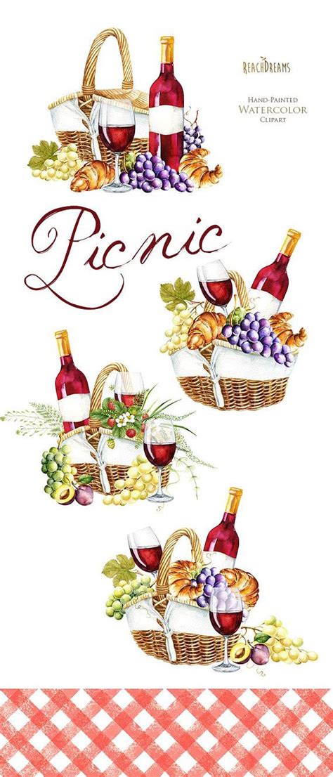 Picnic Watercolor Clipart Picnic Basket Picnic Hamper Wine Etsy