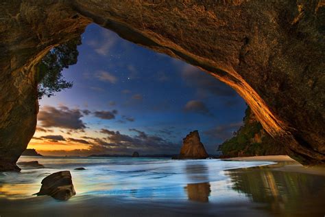 Cave Beach Sea Sunset Clouds Stars Nature Landscape