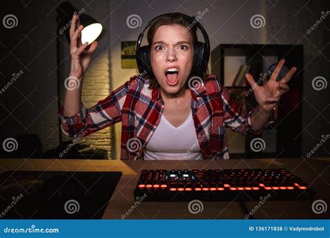 Nervous Angry Young Woman Gamer Playing Stock Photo Image Of Online