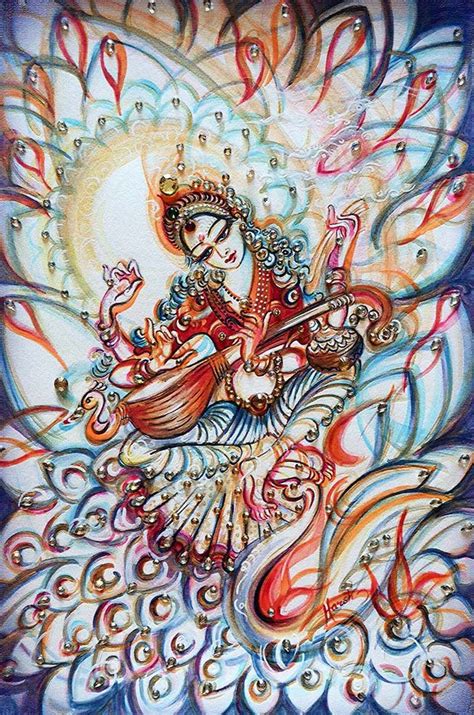 Goddess Saraswati Original Water Color Painting Lotus Swans Indian