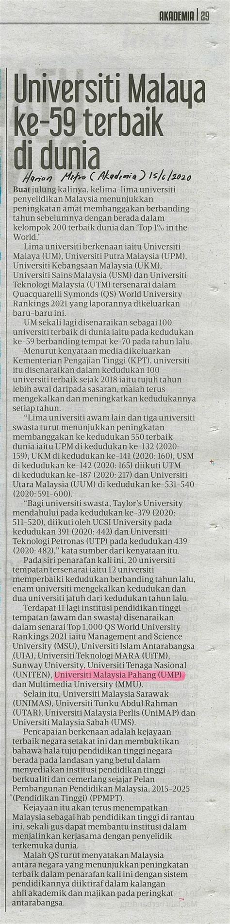 Universiti Malaya Ke 59 Terbaik Di DuniaUMPSA News