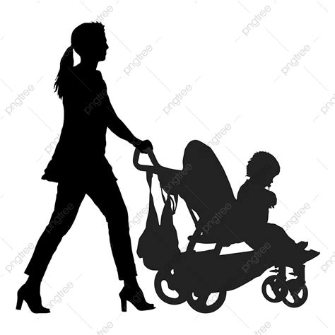 Gambar Siluet Ibu Berjalan Dengan Kereta Bayi Di Latar Belakang Putih