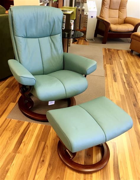 Ekornes Stressless Peace Recliner And Ottoman In Paloma Aqua Green With