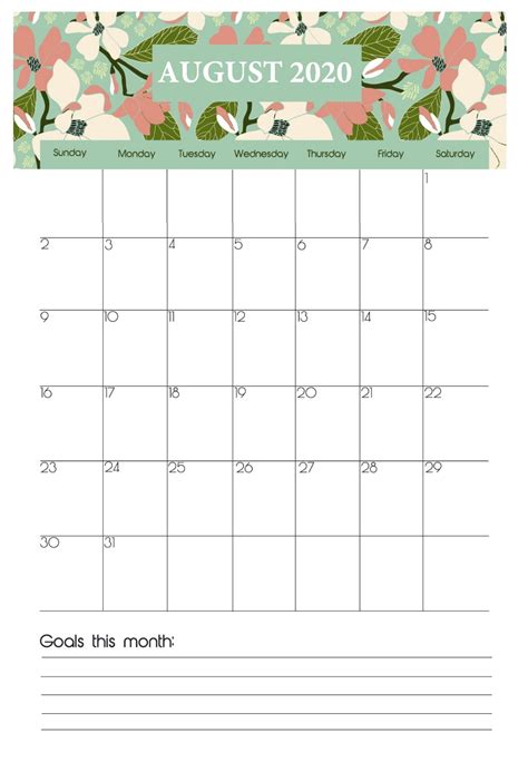 Cute August 2020 Calendar Monthly Calendar Template Calendar