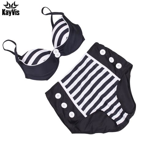 Kayvis High Waist Bikini Women Swimsuit 2019 New Sexy Print Stripe Padded Push Up Swimwear
