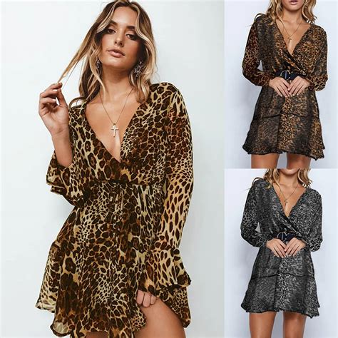 2019 Summer Dress Leopard Print Women Dress Sexy Mini Wrap Dress Long