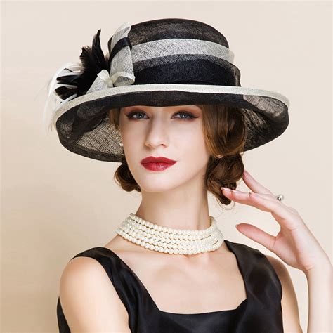 ladies elegant cambric with feather bowler cloche hats kentucky derby hats tea party hats