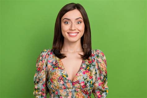 Portrait Of Gorgeous Stunning Cheerful Lady Beaming Smile Isolated On Green Color Background
