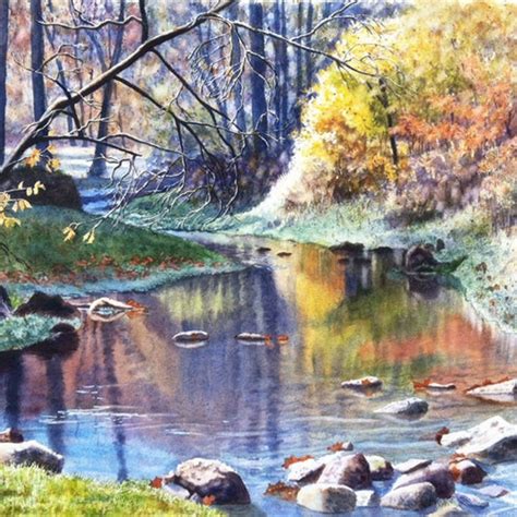 Autumn Creek Watercolor Painting Print By Cathy Hillegas Etsy