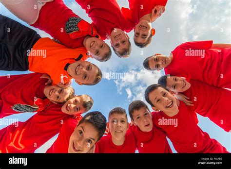 Kids Soccer Team In Huddle Stock Photo Alamy