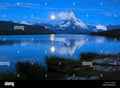 Matterhorn And Lake Stellisee At Full Moon Switzerland Valais Stock