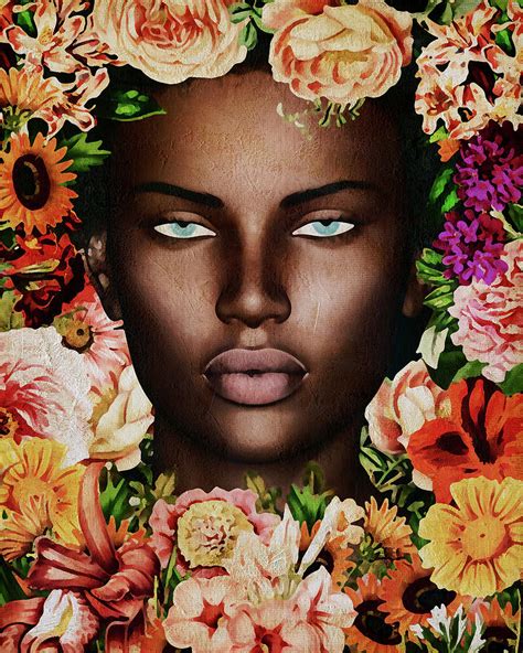 Portrait Of African Woman Surrounded With Flowers Digital Art By Jan