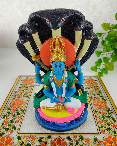 India God Lord Vishnu With Ananta Shesha Serpent Statue Made From Holy