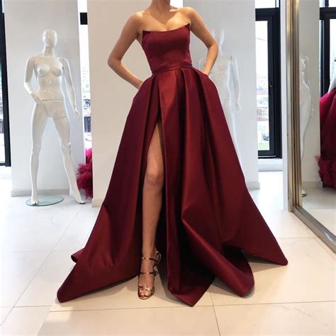 Burgundy Prom Dresses Strapless Bodice Corset Long Evening Gowns With Leg Split On Storenvy