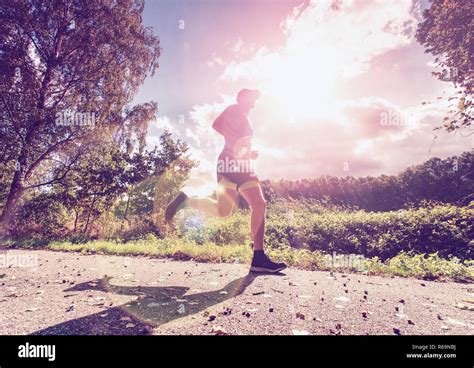 Man Jogger Run In Park Sunny Day Nature Background Man Training