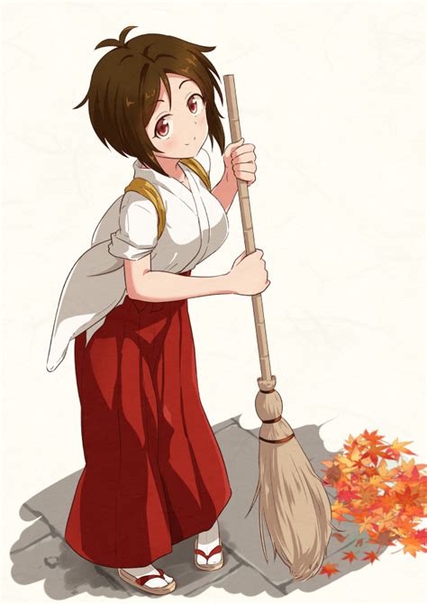Safebooru 1girl Ahoge Autumn Leaves Blush Broom Brown Hair Cleaning Doumyouji Karin Eyebrows