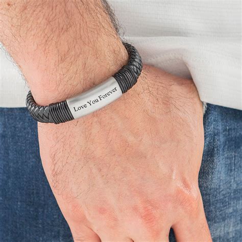 Personalized Engraved Black Leather Name Bracelet For Men 316 Stainless