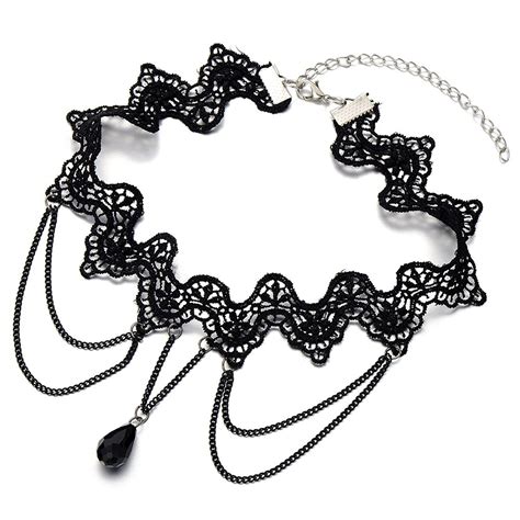 Gothic Style Ladies Black Lace Choker Necklace With Black Teardrop Bead