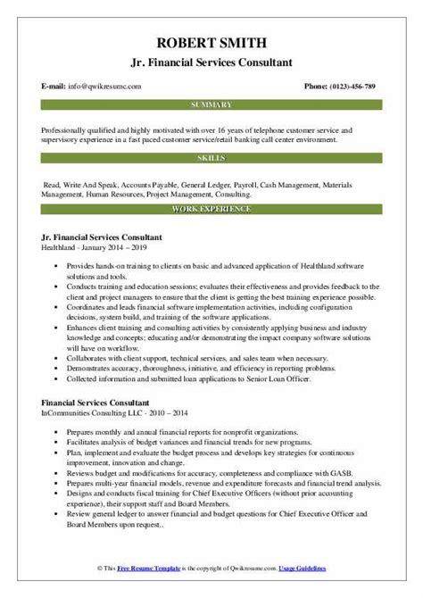 Stand out from the crowd and get hired with the best online resume builder! Financial Services Consultant Resume Samples | QwikResume