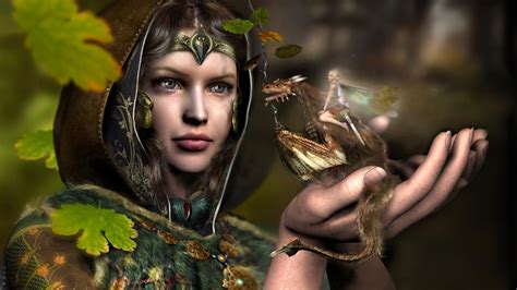 luminos cg woman dragon leaf fantasy 3d girl green hand rendering face fairy
