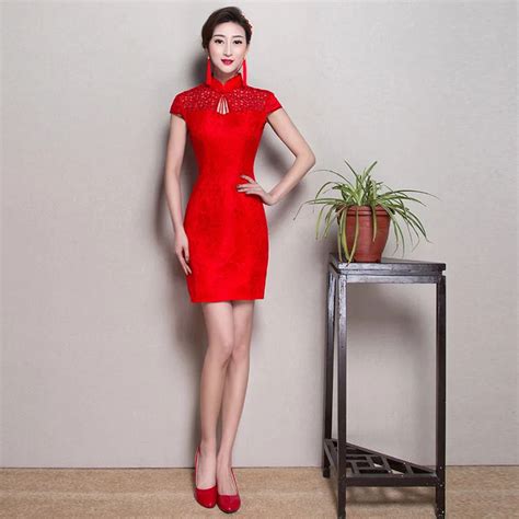 2017 Short Red Cheongsam Sexy Qipao Lace Qi Pao Wedding Dress Traditional Chinese Style Spring