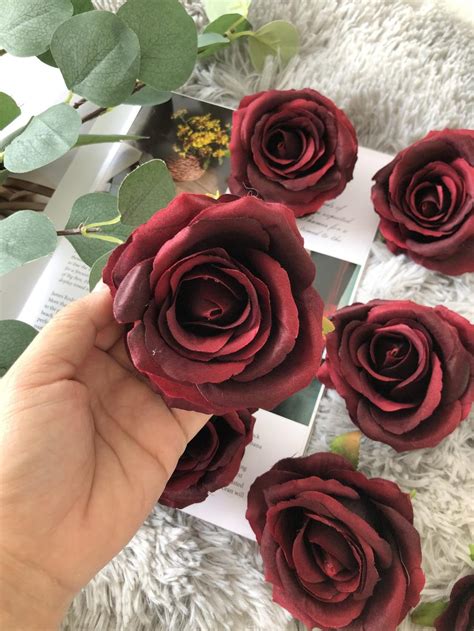 10 100pcs Burgundy Artificial Velvet Rose Flowersroses Head Etsy