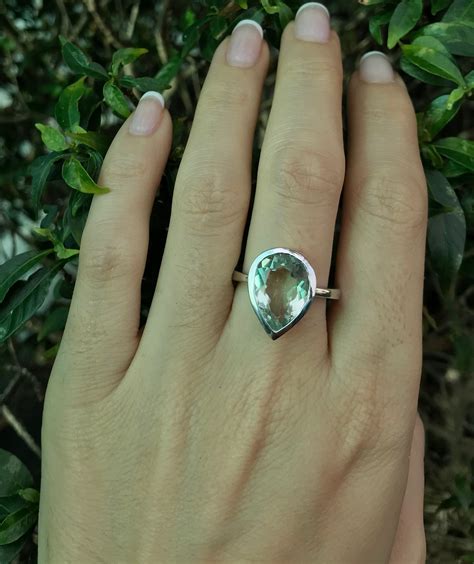 Pear Green Amethyst Engagement Ring Green Large Gemstone Bold Ring