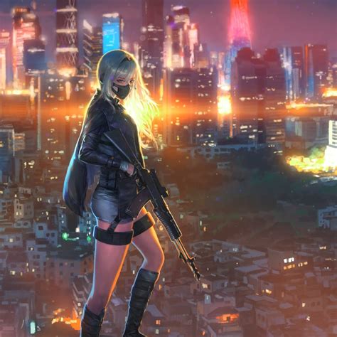 Anime Girl Rifle City Night 4k Audio Responsive Wallpapers Hdv