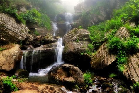 Waterfall Nature Landscape Mountains Wallpapers Hd Desktop And