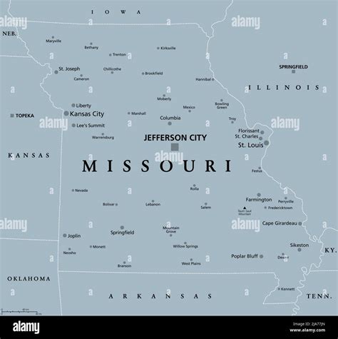 Missouri Mo Gray Political Map With Capital Jefferson City Largest