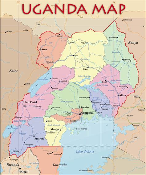 Detailed clear large political map of uganda showing cities, towns, villages, states, provinces and boundaries with neighbouring countries. Uganda Map