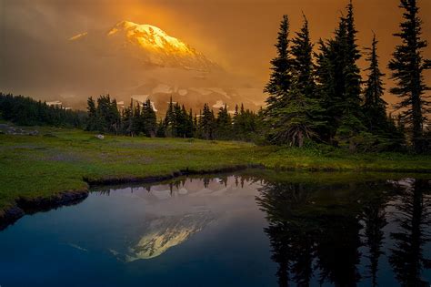 Sunset Mount Rainier From A Tarn Near The Spray Park Trail Washington