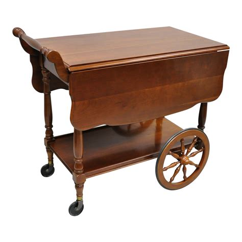 Vintage Monitor Solid Cherry Wood Colonial Style Rolling Bar Tea Cart